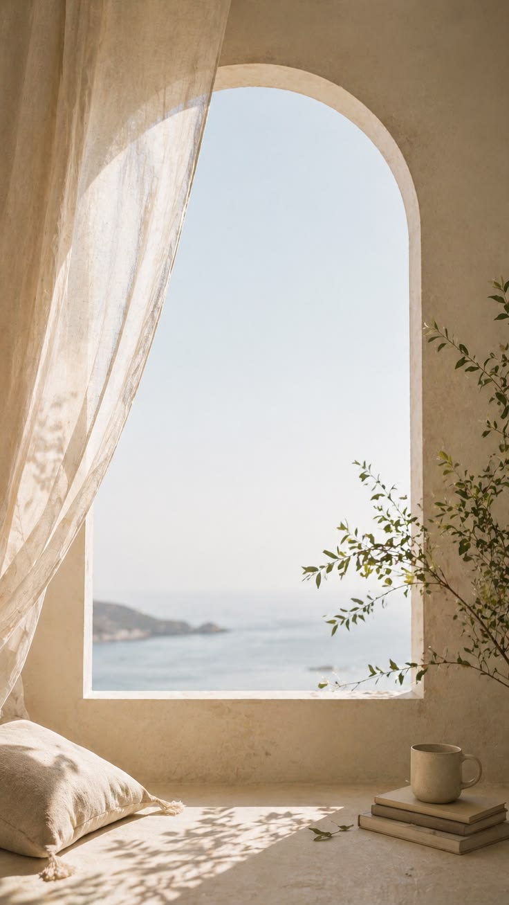 Linen curtain drifting beside an arched window opening onto the Aegean, with an olive branch and folded bedding in soft morning light.